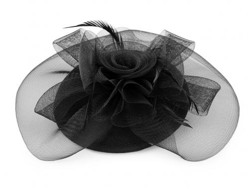 Fascinátor / klobouček květ s peřím a síťkou, barva černá