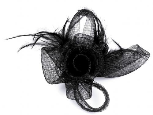 Fascinátor / brož květ s peřím, barva 5 černá
