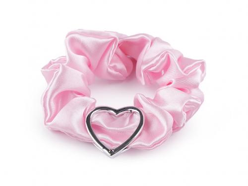 Saténová scrunchie gumička do vlasů / náramek srdce, barva 11 růžová