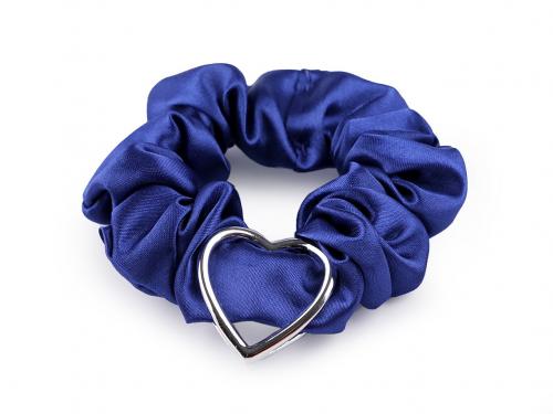 Saténová scrunchie gumička do vlasů / náramek srdce, barva 14 modrá královská