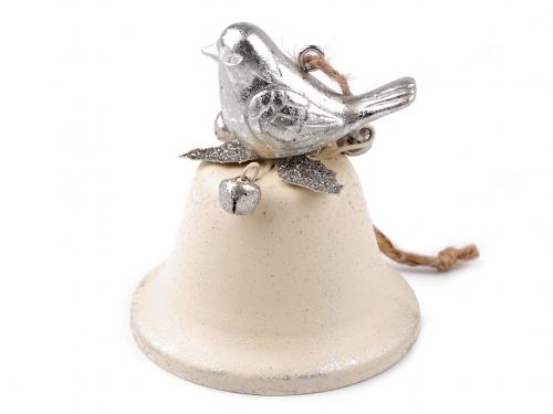 Kovový zvoneček s ptáčkem k zavěšení Ø75 mm, barva 1 krémová světlá stříbrná