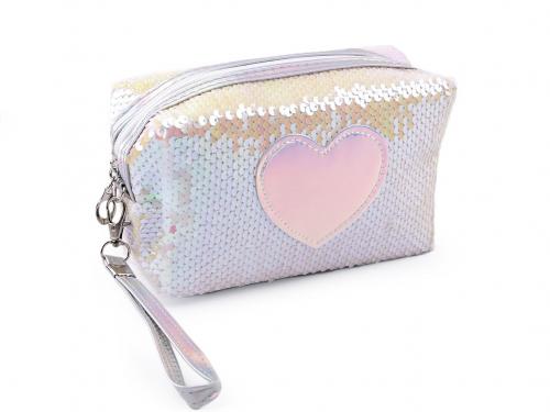 Pouzdro / kosmetická taška s oboustrannými flitry a srdcem 11x18 cm, barva 1 bílá růžová