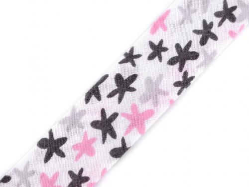 Šikmý proužek bavlněný s květy, mašle šíře 20 mm zažehlený, barva 860659/1 růžová sv. šedá
