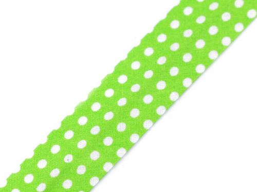 Šikmý proužek bavlněný puntík, káro, hvězdy, jemný proužek šíře 20 mm zažehlený, barva 380798/7 zelená sv. puntíky