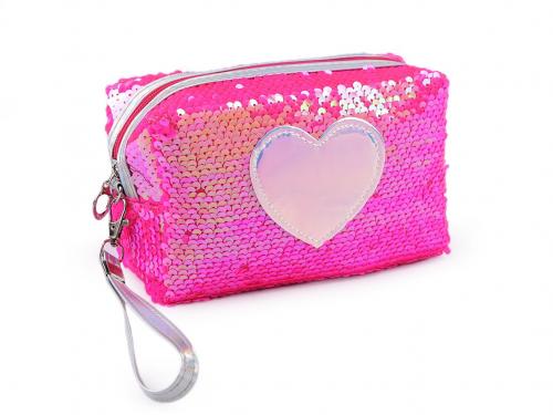 Pouzdro / kosmetická taška s oboustrannými flitry a srdcem 11x18 cm, barva 2 pink