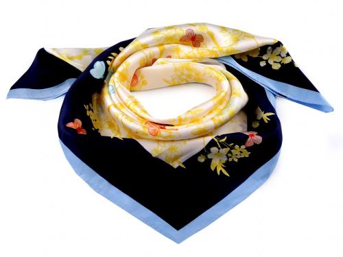 Saténový šátek motýl 70x70 cm, barva 3 modrá tmavá