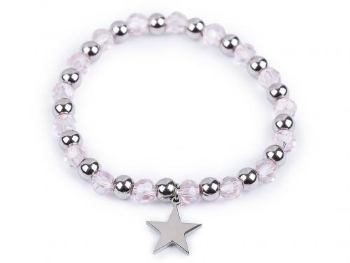 Náramek pružný z nerezové oceli s broušenými korálky a perlami, barva 14 růžová nejsv. hvězda