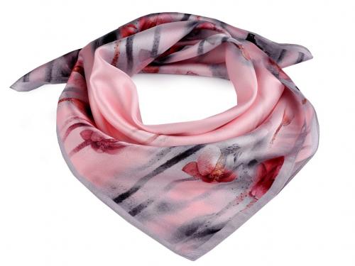 Saténový šátek 50x50 cm, barva 3 růžová sv. květy