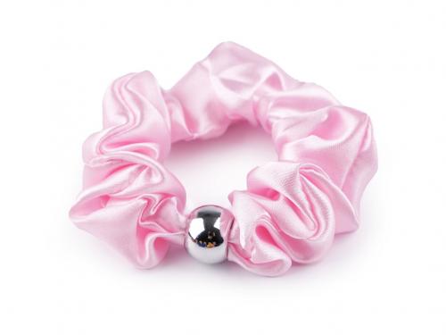 Saténová scrunchie gumička do vlasů / náramek s korálkem, barva 11 růžová