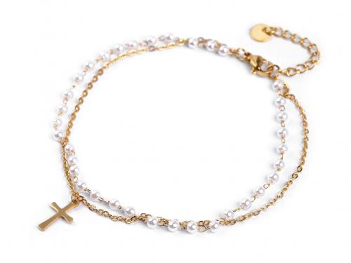 Náramek na kotník z nerezové oceli s perlami a přívěskem, barva 6 zlatá křížek