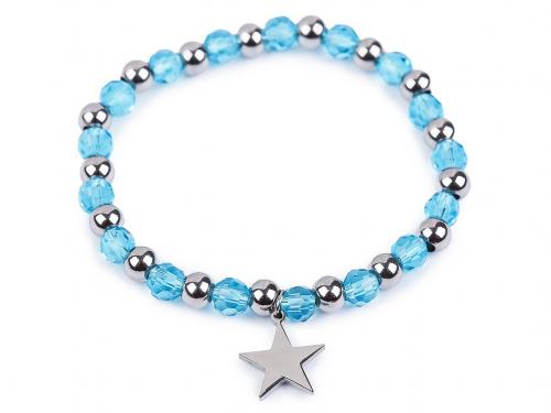 Náramek pružný z nerezové oceli s broušenými korálky a perlami, barva 15 modrá azurová hvězda