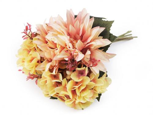 Umělá kytice chryzantéma, hortenzie, barva 1 žlutá lososová