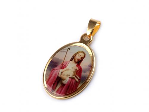 Přívěsek z chirurgické oceli Panna Marie, Ježíš, barva 6 červená zlatá