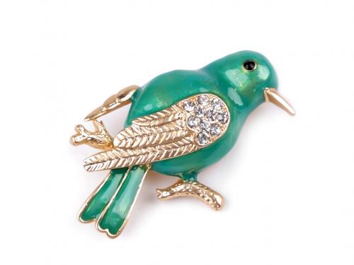 Brož s broušenými kamínky ptáček, barva 1 zelená pastelová