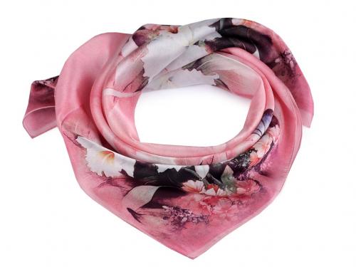 Saténový šátek 50x50 cm, barva 8 růžová střední květy
