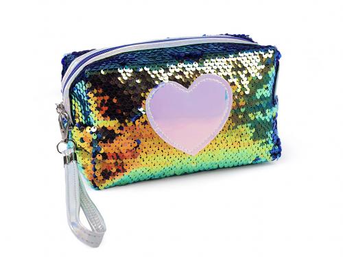 Pouzdro / kosmetická taška s oboustrannými flitry a srdcem 11x18 cm, barva 3 modrá multikolor