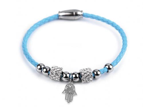 Náramek z nerezové oceli s broušenými korálky křížek, čtyřlístek, barva 16 modrá azuro ruka Fatimy