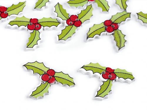 Dřevěný dekorační knoflík vánoční cesmína, hvězda, čepice, barva 1 zelená sv. cesmína