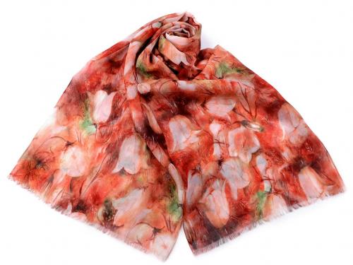 Šátek / šála s květy 75x175 cm, barva 3 červená světlá