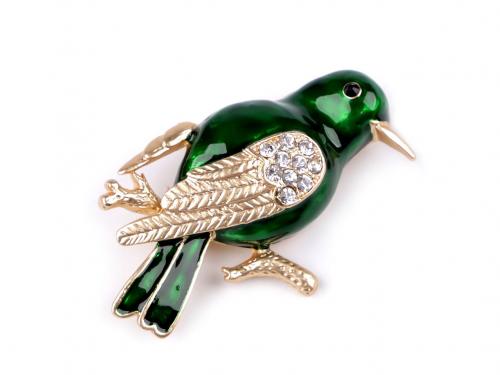 Brož s broušenými kamínky ptáček, barva 2 zelená