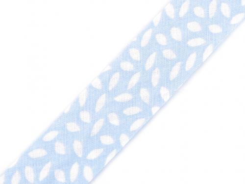 Šikmý proužek bavlněný s květy, mašle šíře 20 mm zažehlený, barva 860251/3 modrá světlá