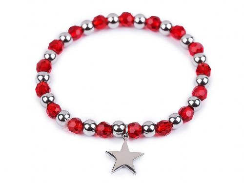 Náramek pružný z nerezové oceli s broušenými korálky a perlami, barva 17 červená hvězda