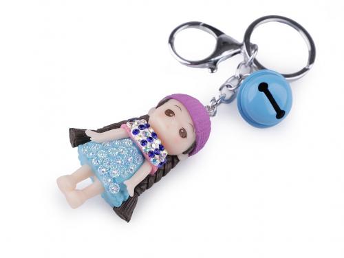Přívěsek na klíče / batoh panenka s rolničkou, barva 6 modrá azuro