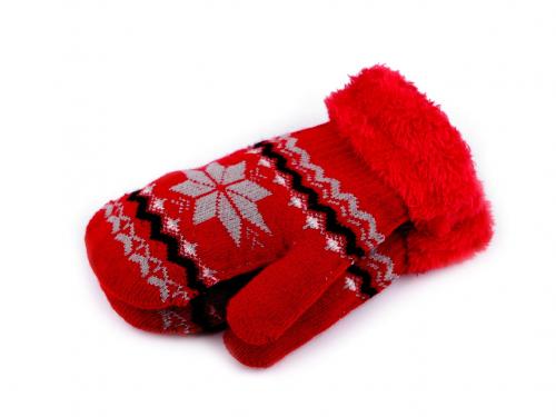 Dětské pletené palčáky s kožíškem, norský vzor, barva 7 červená