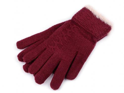 Dámské pletené rukavice s kožešinovým lemováním, barva 3 bordó