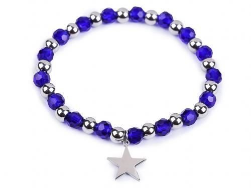 Náramek pružný z nerezové oceli s broušenými korálky a perlami, barva 16 modrá kobaltová hvězda
