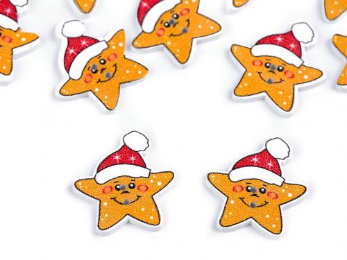 Dřevěný dekorační knoflík vánoční cesmína, hvězda, čepice, barva 2 žlutá hvězda