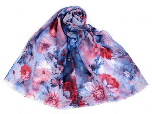 Šátek / šála s květy 70x170 cm, barva 5 modrá jemná