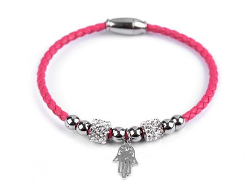 Náramek z nerezové oceli s broušenými korálky křížek, čtyřlístek, barva 15 růžová ruka Fatimy