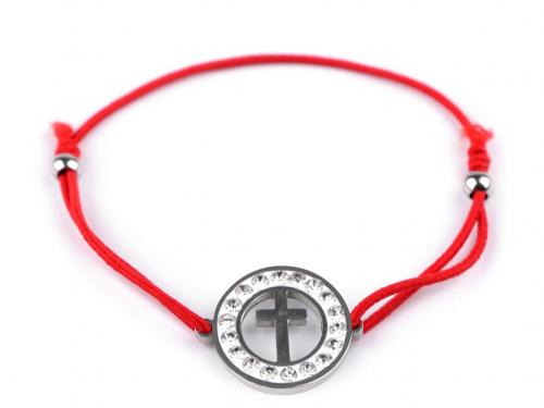 Náramek pružný s přívěskem z nerezové oceli s broušenými kamínky, barva 13 červená křížek