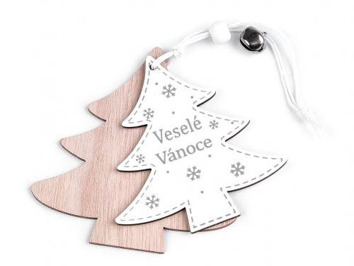 Dvojitý dřevěný štítek / visačka Veselé Vánoce, barva 3 bílá stromeček