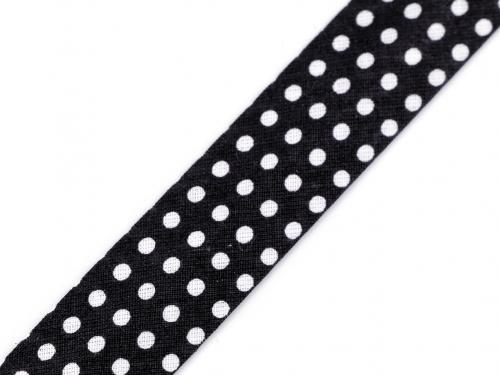 Šikmý proužek bavlněný puntík, káro, hvězdy, jemný proužek šíře 20 mm zažehlený, barva 380798/2 černá puntíky