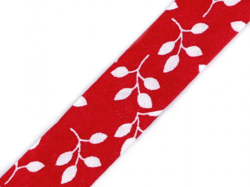 Šikmý proužek bavlněný s květy, mašle šíře 20 mm zažehlený, barva 860249/7 červená