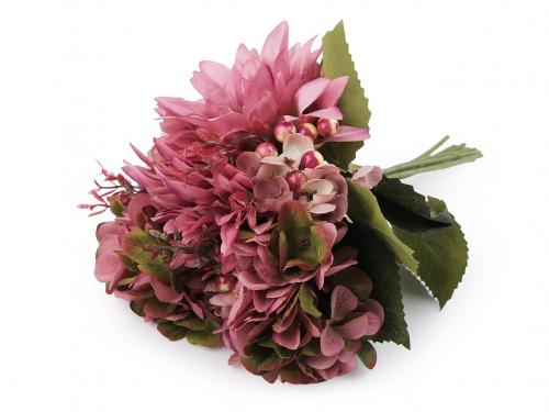 Umělá kytice chryzantéma, hortenzie, barva 4 starorůžová