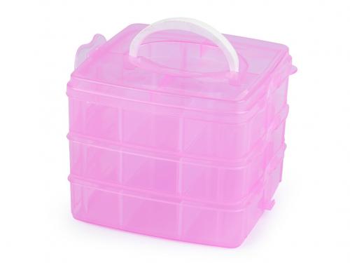 Plastový box / kufřík 3 patrový s rukojetí, barva 2 růžová sv.