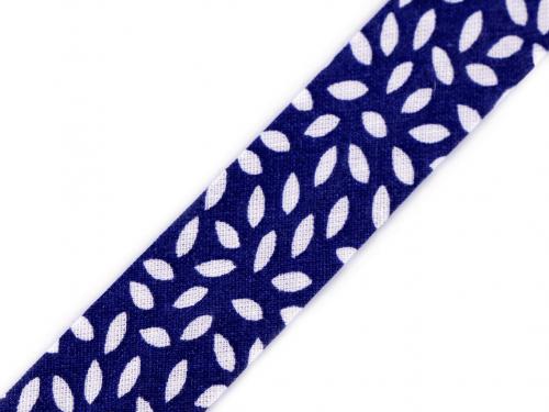 Šikmý proužek bavlněný s květy, mašle šíře 20 mm zažehlený, barva 860251/4 modrá tmavá