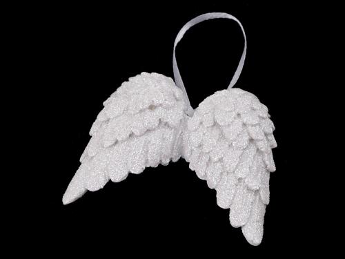 Dekorace andělská křídla s glitry k zavěšení, barva bílá