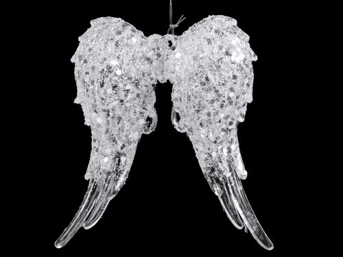 Dekorace andělská křídla s glitry k zavěšení na stromeček, barva bílá