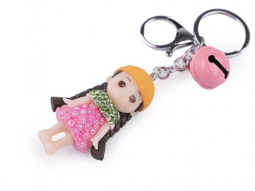 Přívěsek na klíče / batoh panenka s rolničkou, barva 3 růžová