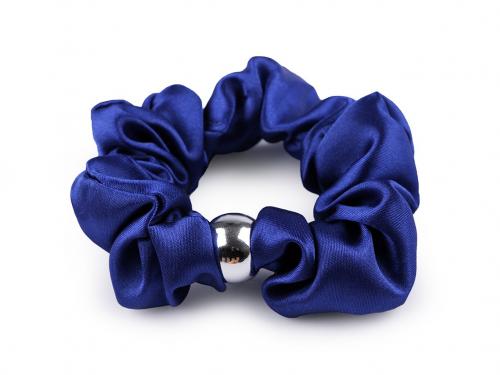 Saténová scrunchie gumička do vlasů / náramek s korálkem, barva 14 modrá královská