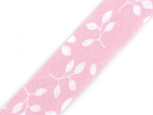 Šikmý proužek bavlněný s květy, mašle šíře 20 mm zažehlený, barva 860249/6 růžová sv.