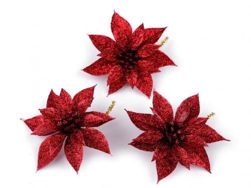 Vánoční hvězda s glitry a drátkem Ø9 cm, barva 4 červená