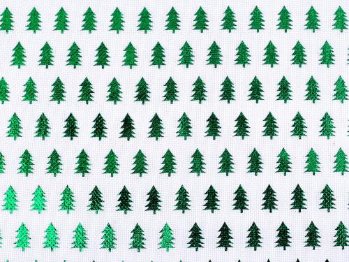 Dekorační metráž imitace juty stromečky metalický tisk, barva bílá zelená