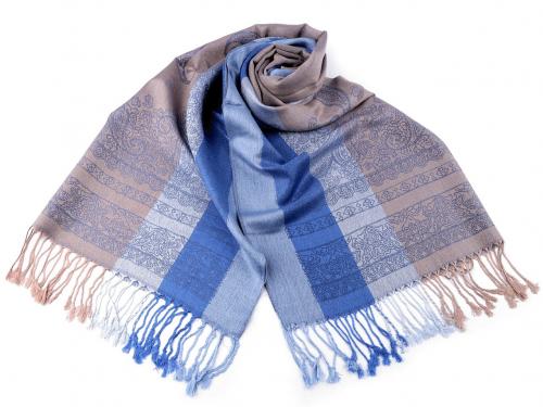 Šátek / šála typu pashmina s třásněmi 65x180 cm, barva 12 béžová modrá