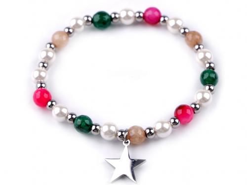 Náramek pružný z nerezové oceli s broušenými korálky a perlami, barva 6 pink hvězda
