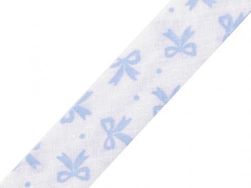 Šikmý proužek bavlněný s květy, mašle šíře 20 mm zažehlený, barva 860252/3 modrá světlá mašle